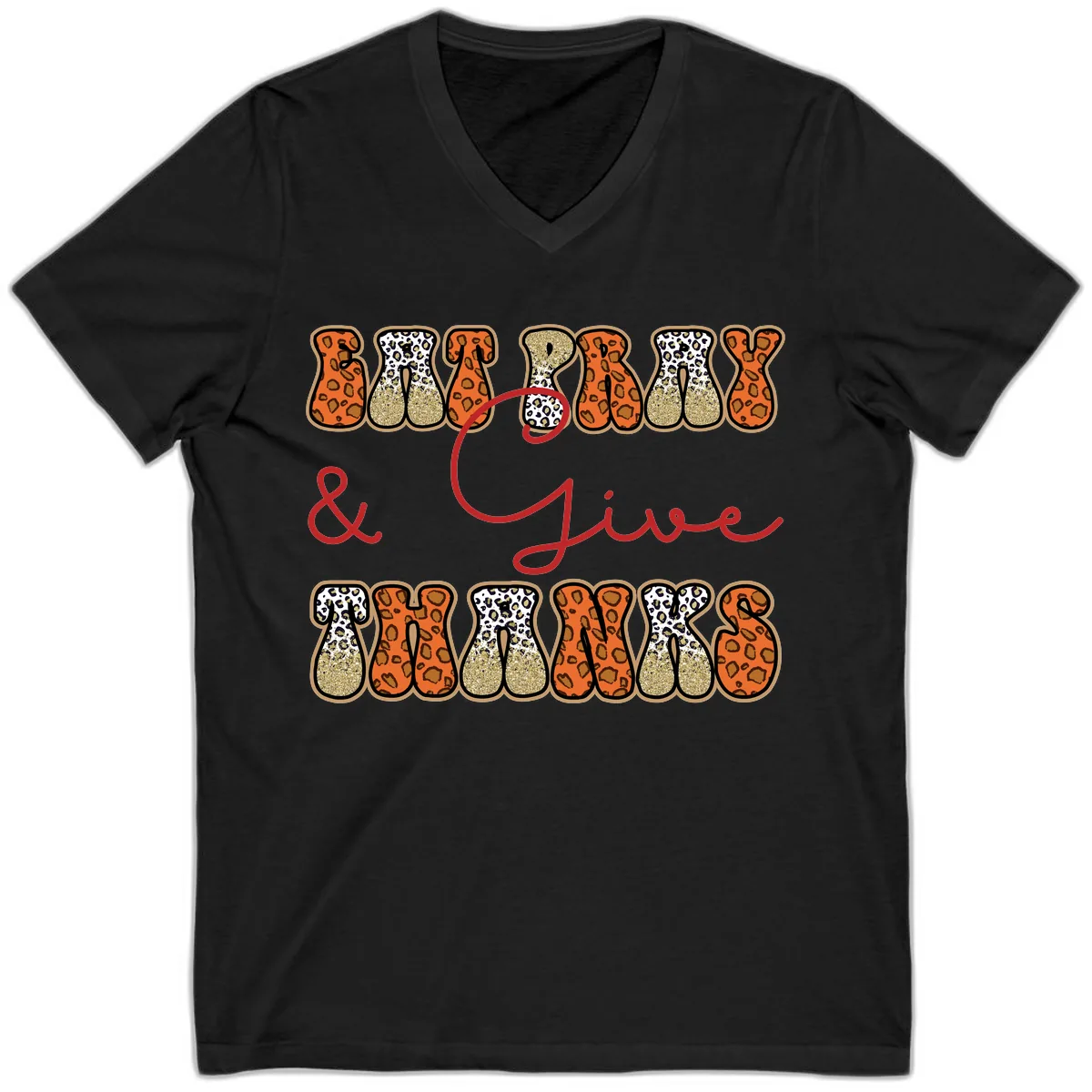 Eat Pray Give Thanks Leopard Print V-Neck in Black