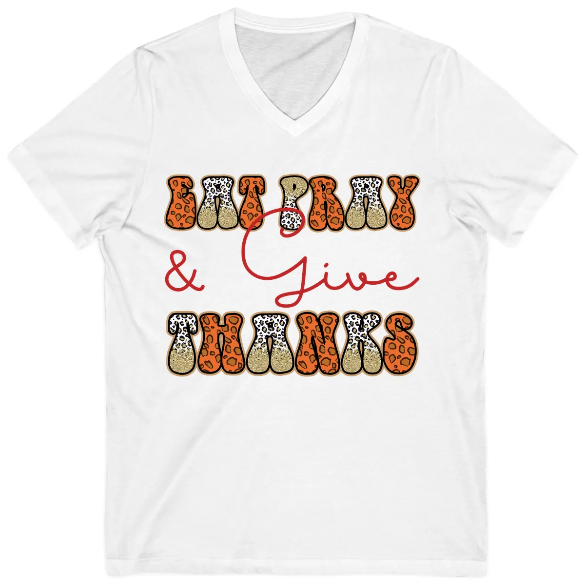 Eat Pray Give Thanks Leopard Print V-Neck in White