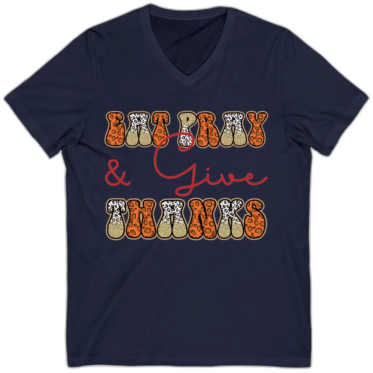 Eat Pray Give Thanks Leopard Print V-Neck in Navy