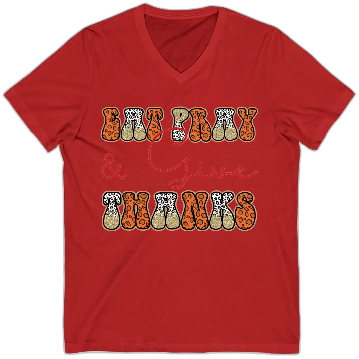 Eat Pray Give Thanks Leopard Print V-Neck in Red
