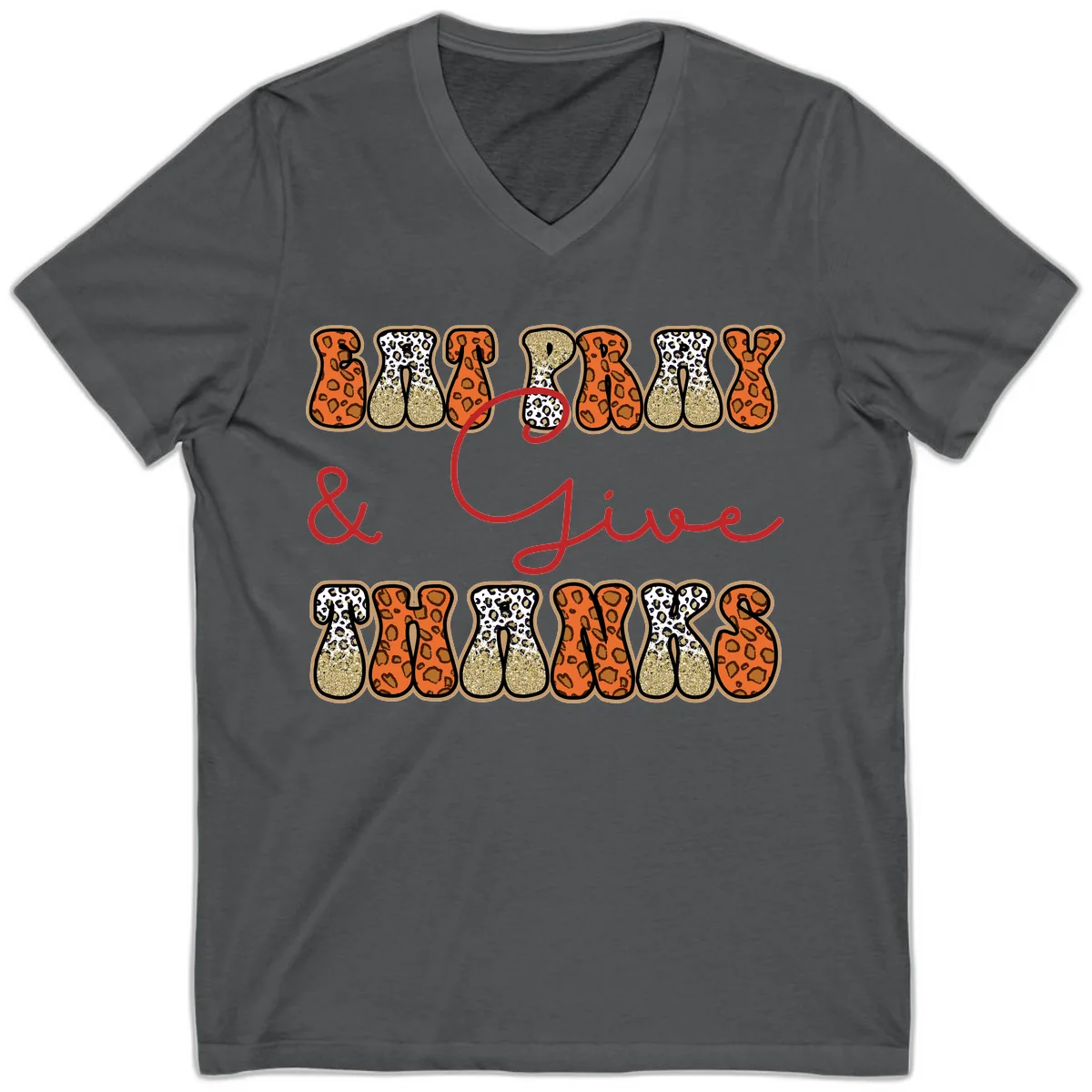 Eat Pray Give Thanks Leopard Print V-Neck in Asphalt