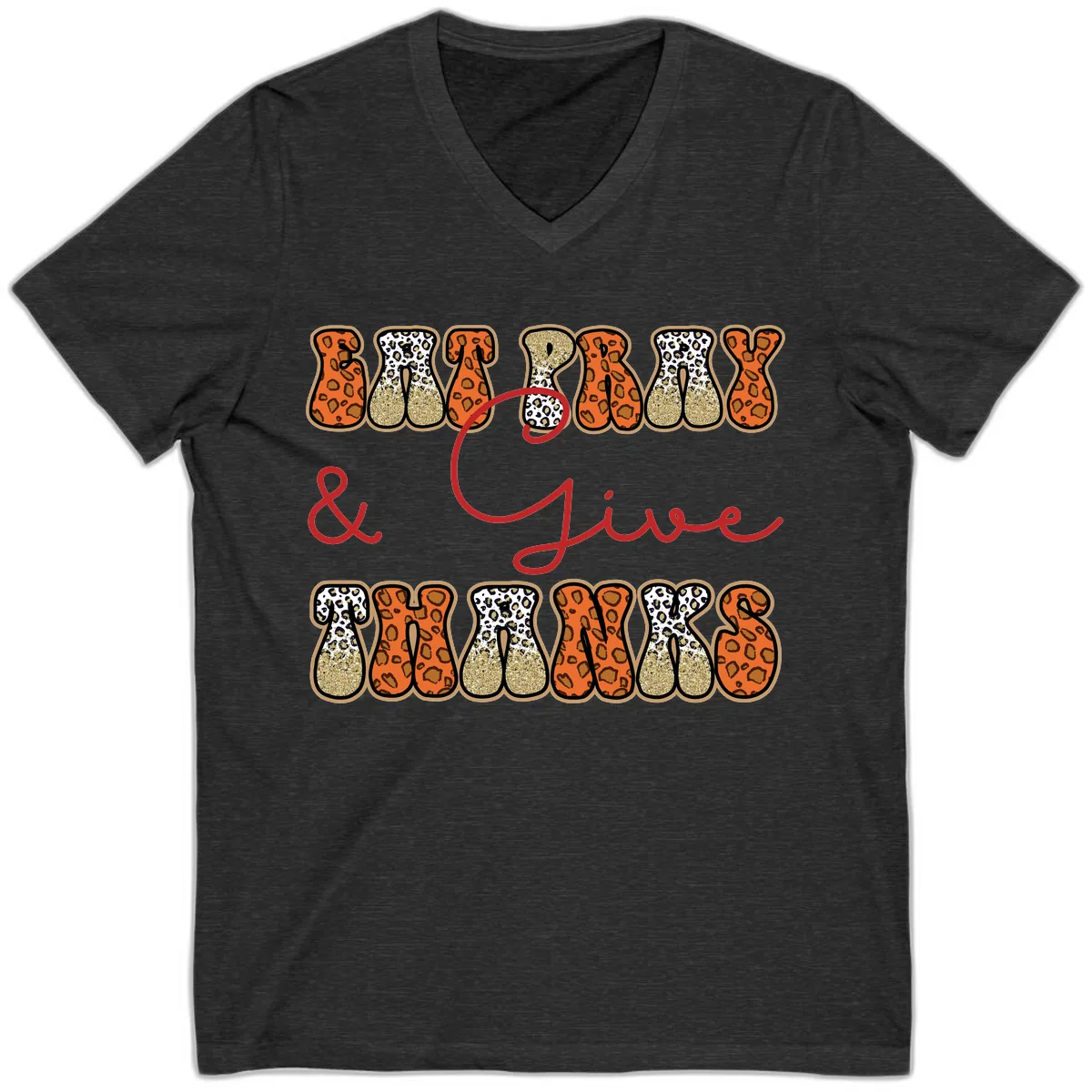 Eat Pray Give Thanks Leopard Print V-Neck in Dark Grey Heather
