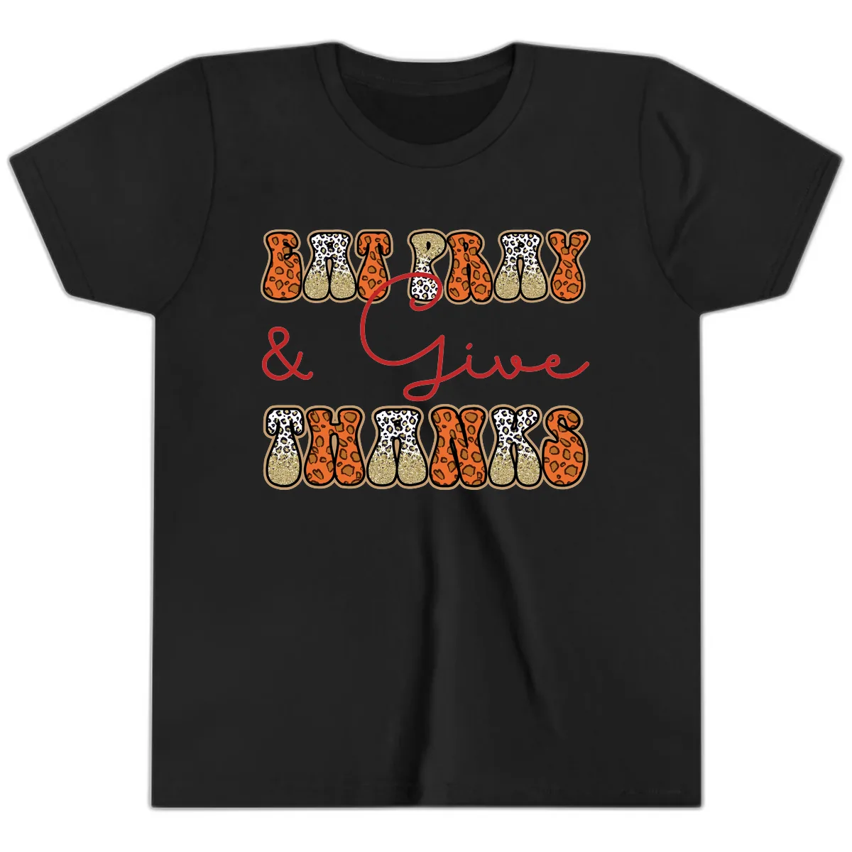 Eat Pray Give Thanks Leopard Print Youth T-Shirt in Black