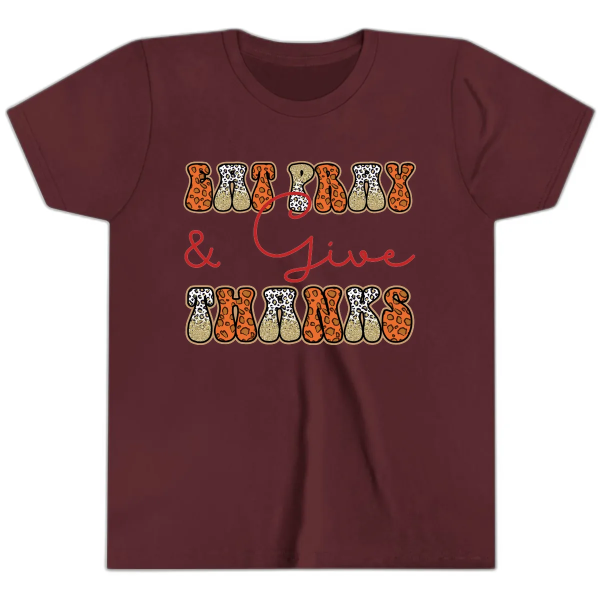 Eat Pray Give Thanks Leopard Print Youth T-Shirt in Maroon