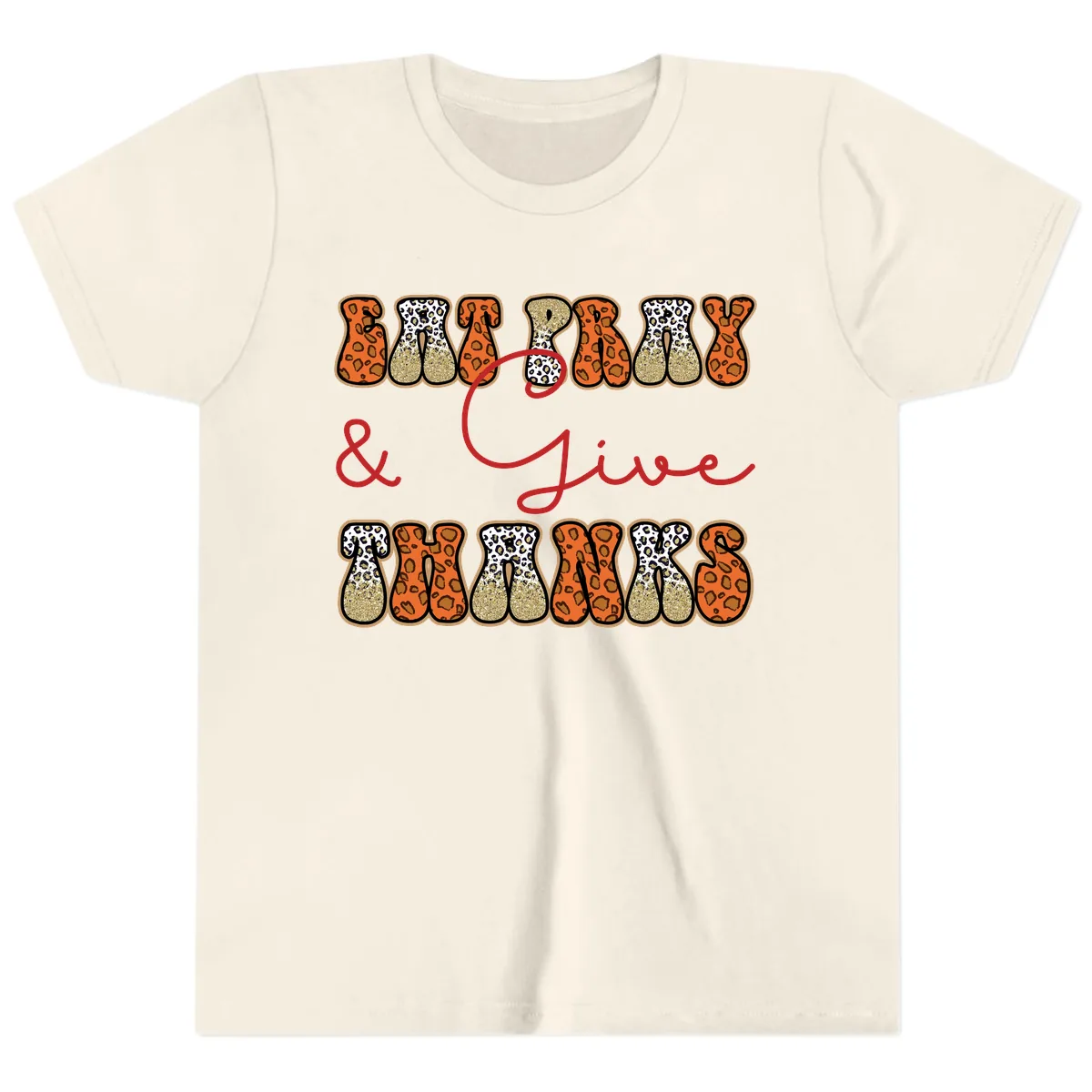 Eat Pray Give Thanks Leopard Print Youth T-Shirt in Natural