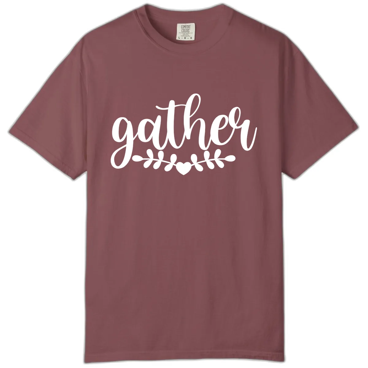 Gather Script With Heart and Leaves Comfort Color in Brick