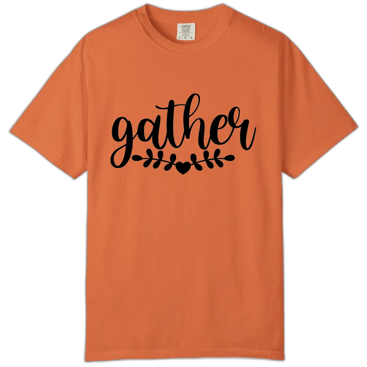 Gather Script With Heart and Leaves Comfort Color in Burnt Orange