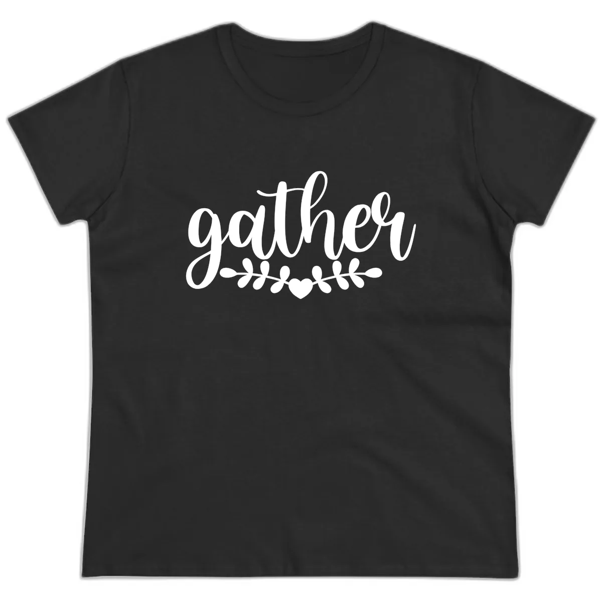 Gather Script With Heart and Leaves Ladies Tee in Black