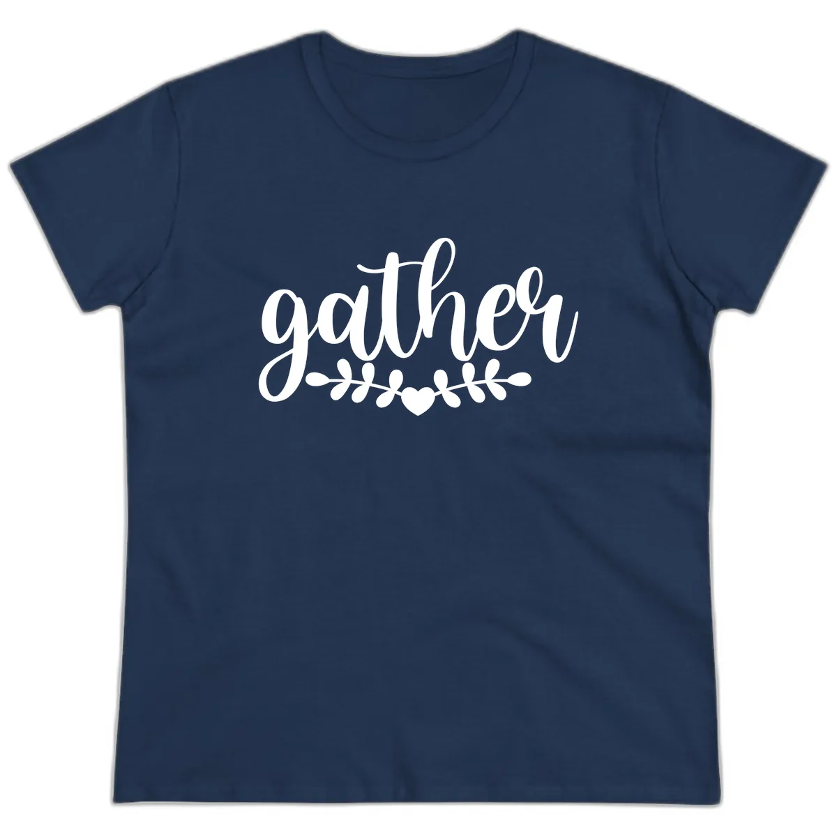 Gather Script With Heart and Leaves Ladies Tee in Navy