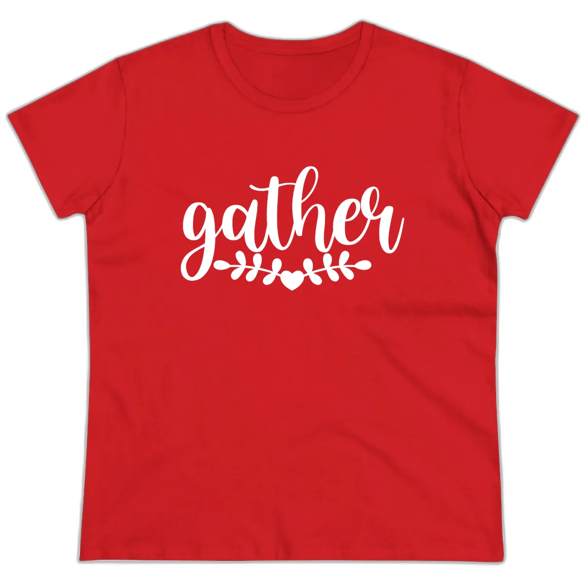 Gather Script With Heart and Leaves Ladies Tee in Red