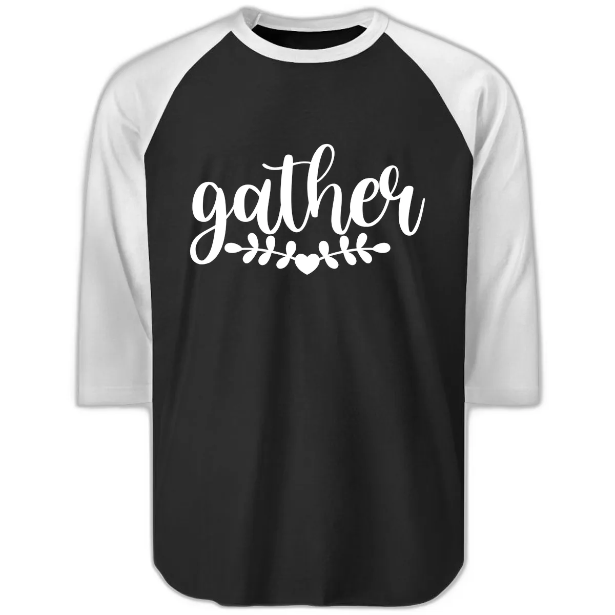 Gather Script With Heart and Leaves Raglan 3/4 in Black White
