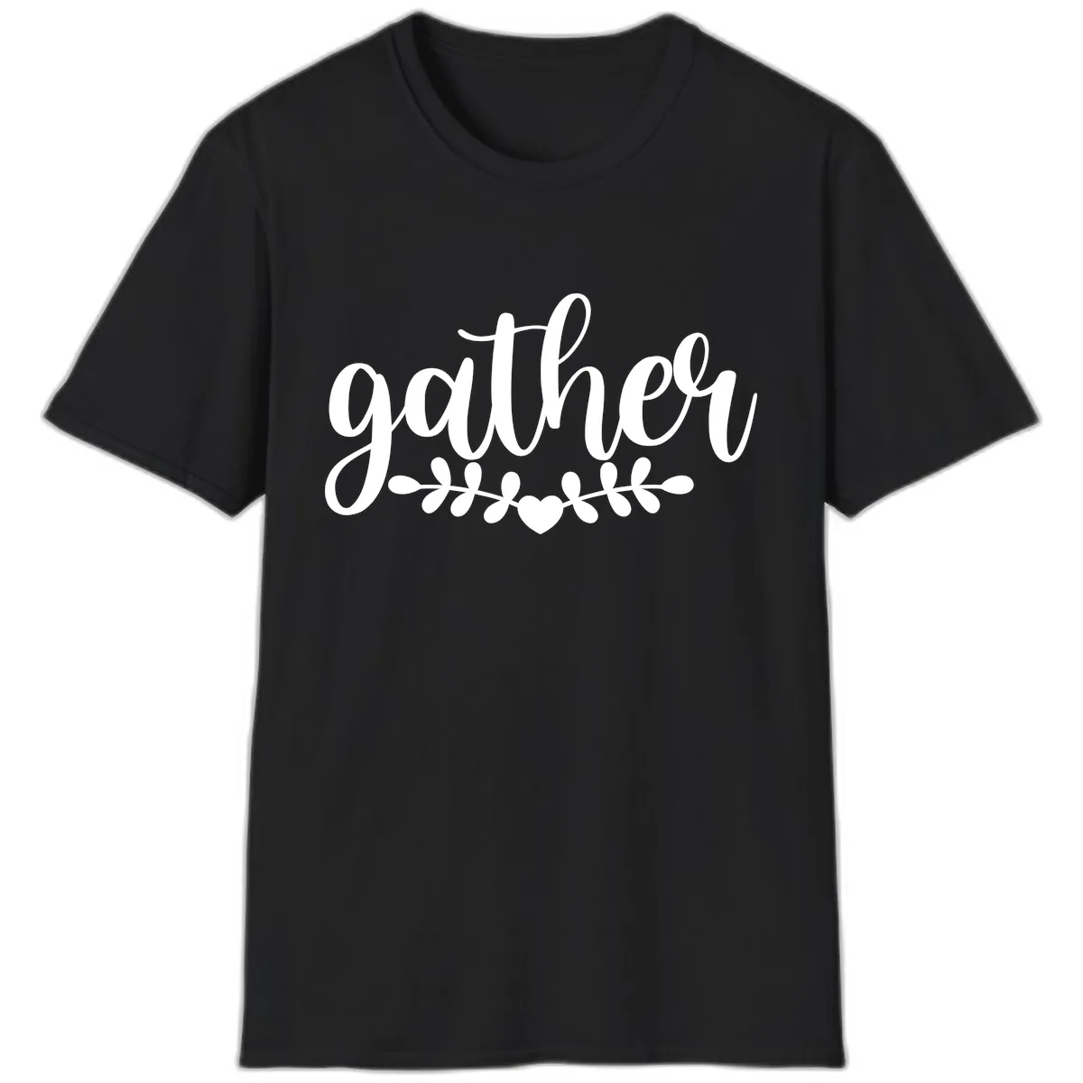 Gather Script With Heart and Leaves T-Shirt in Black