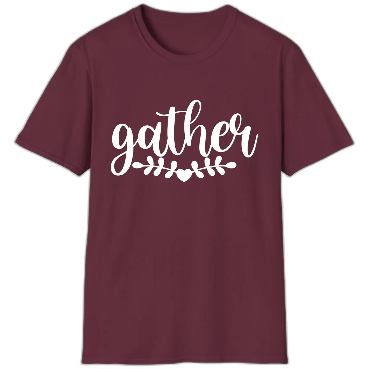 Gather Script With Heart and Leaves T-Shirt in Maroon
