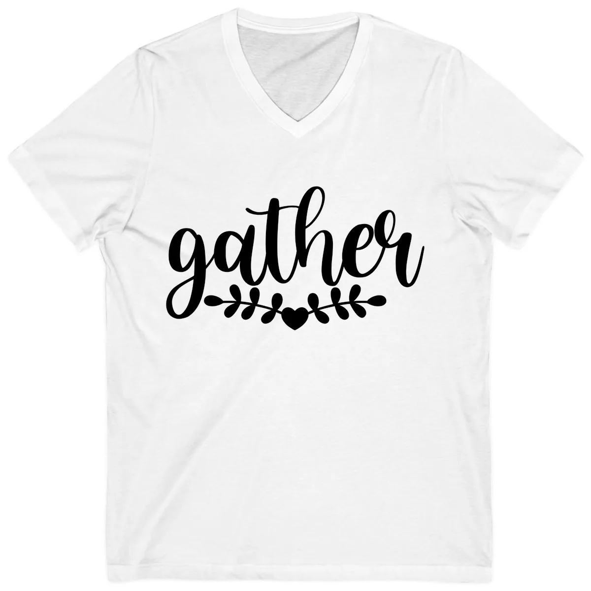 Gather Script With Heart and Leaves V-Neck in White