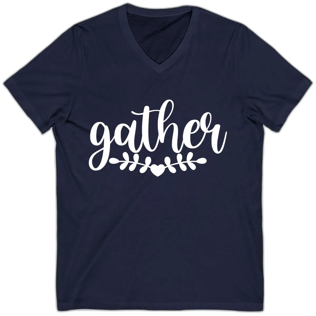 Gather Script With Heart and Leaves V-Neck in Navy