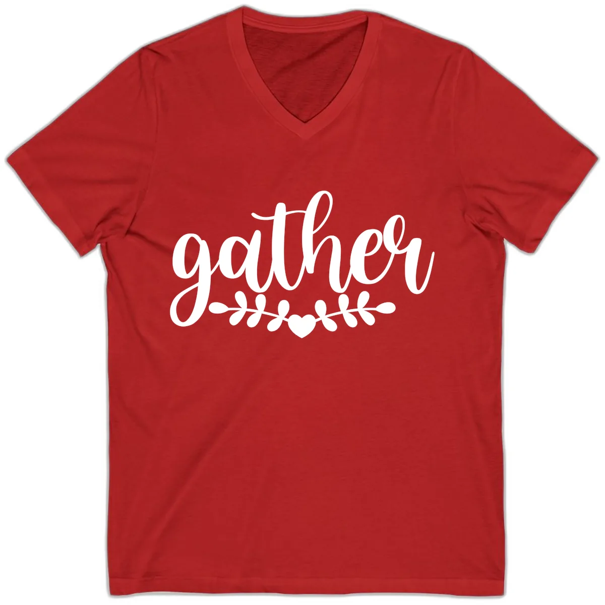Gather Script With Heart and Leaves V-Neck in Red