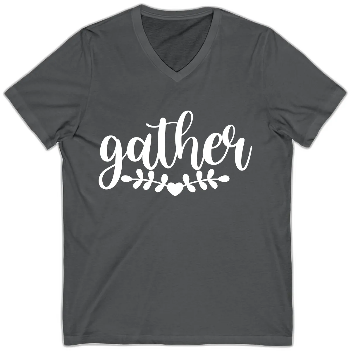 Gather Script With Heart and Leaves V-Neck in Asphalt