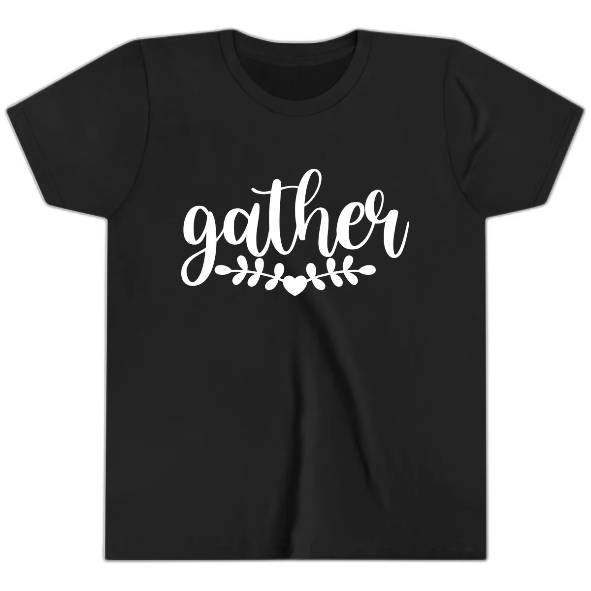 Gather Script With Heart and Leaves Youth T-Shirt in Black