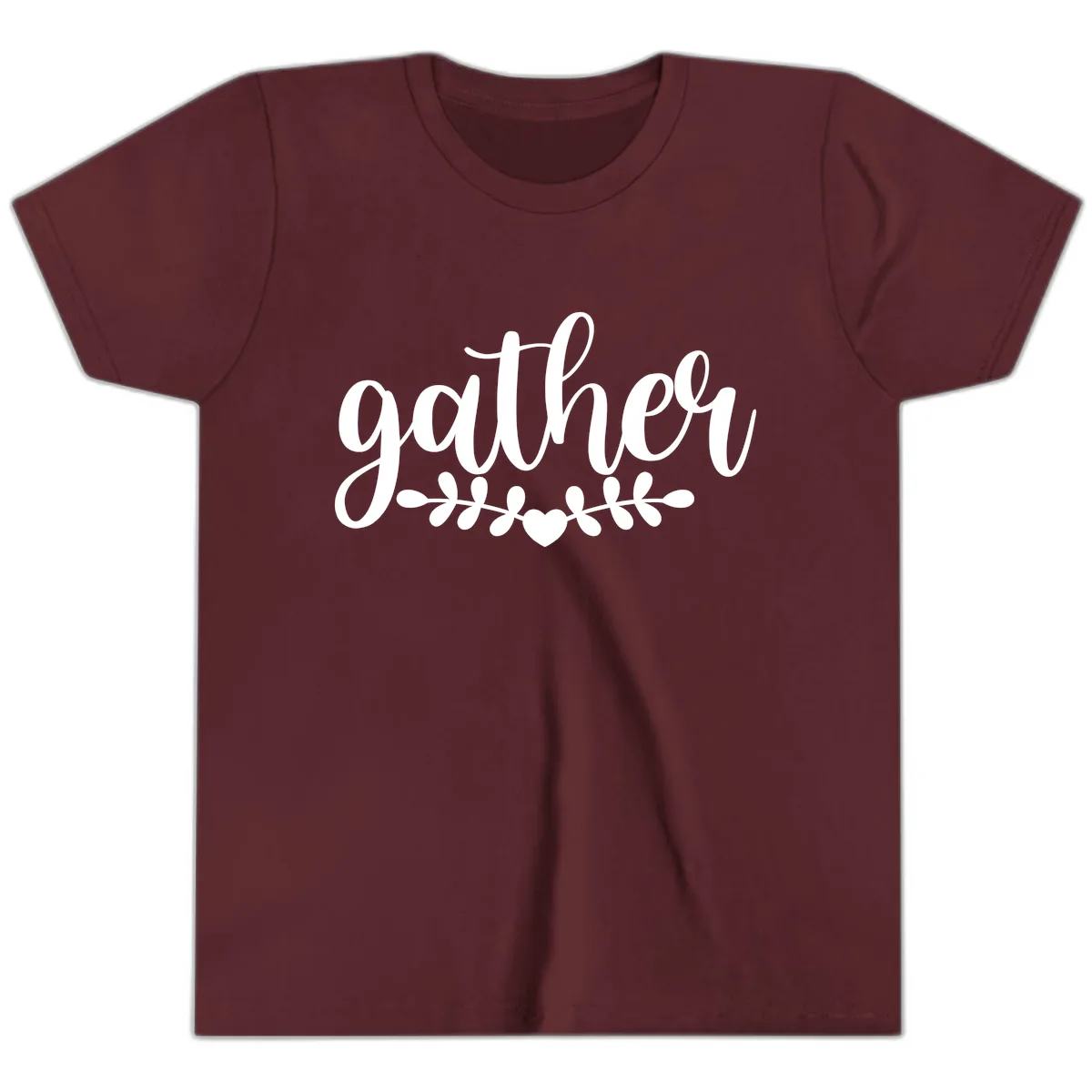 Gather Script With Heart and Leaves Youth T-Shirt in Maroon