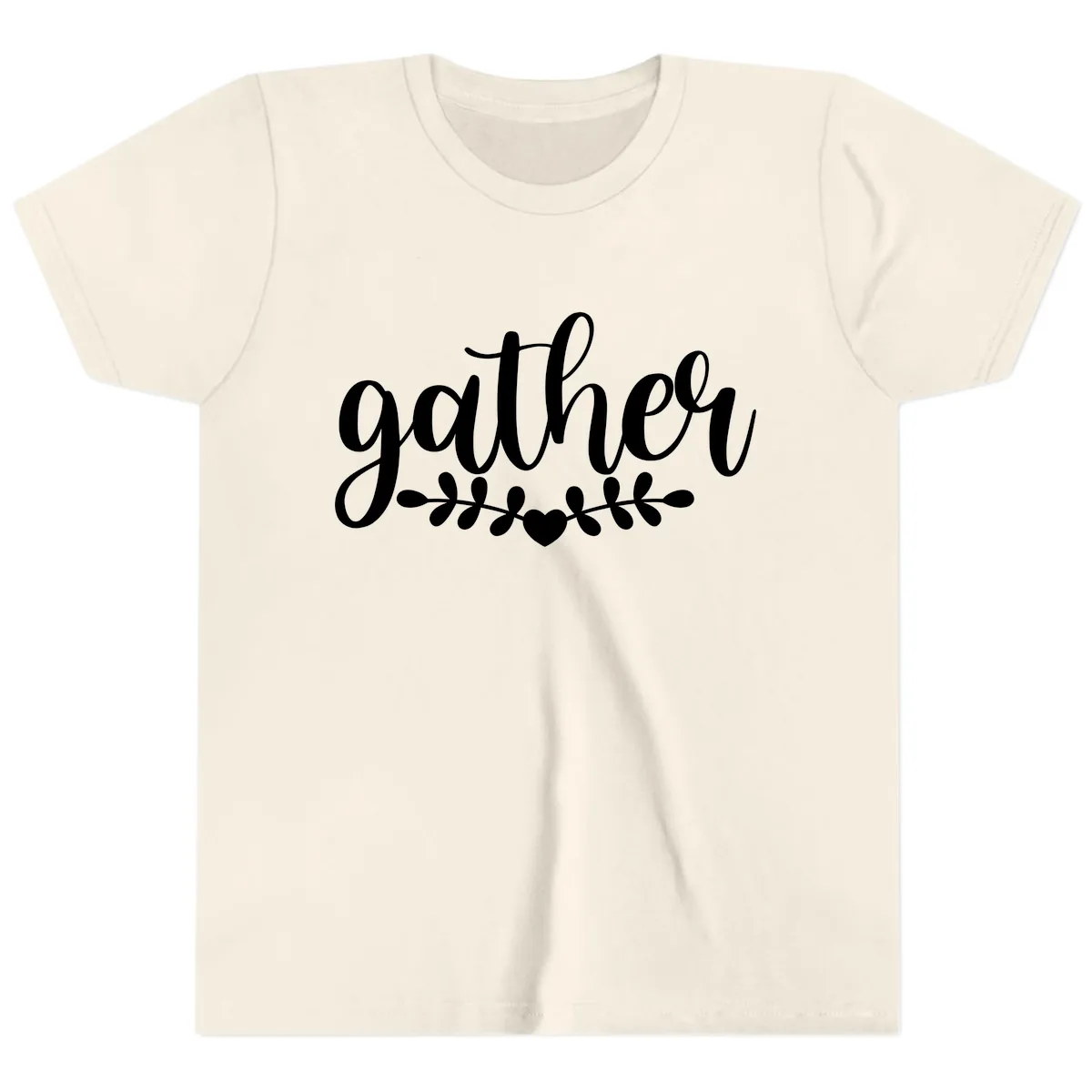 Gather Script With Heart and Leaves Youth T-Shirt in Natural