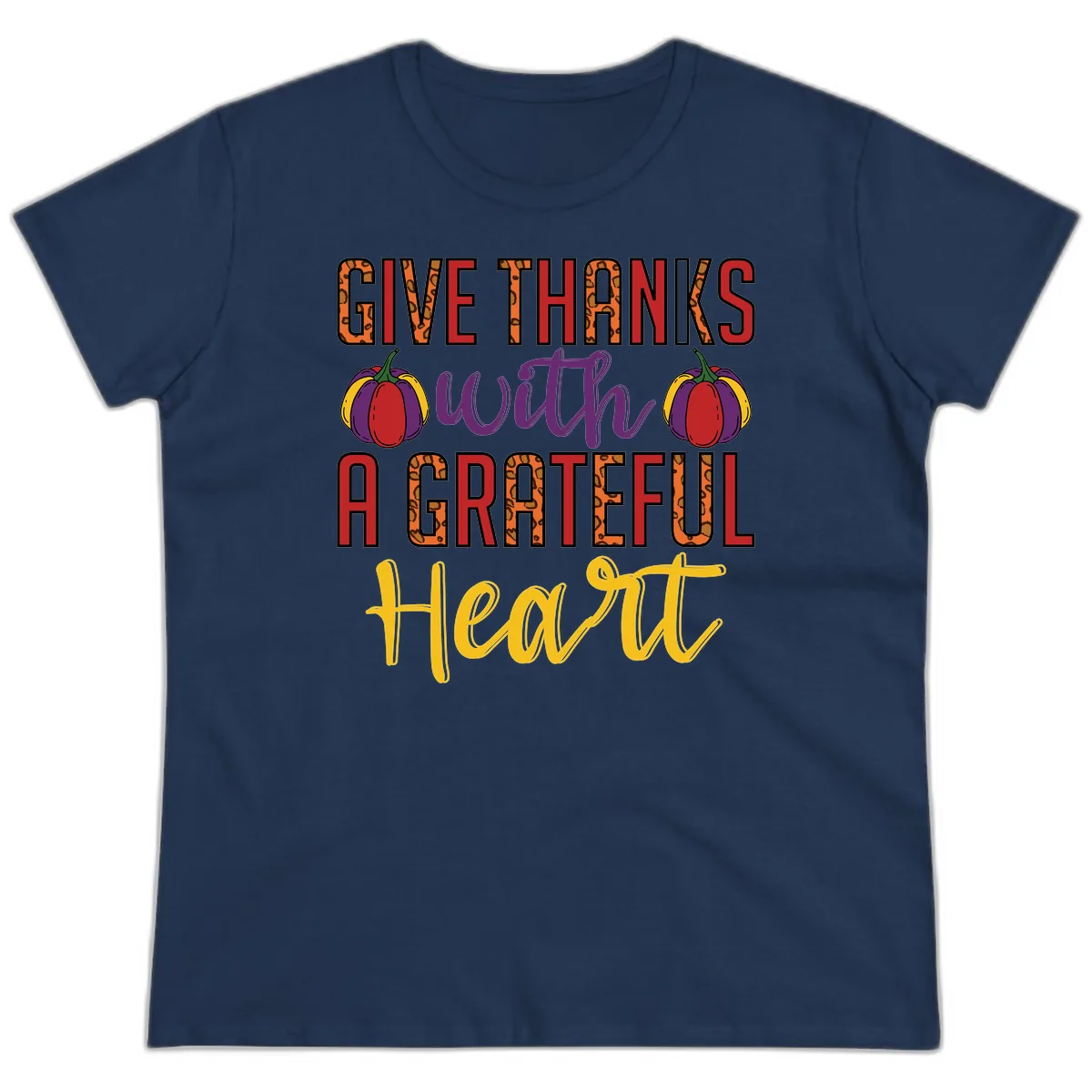 Give Thanks With A Heart Ladies Tee in Navy
