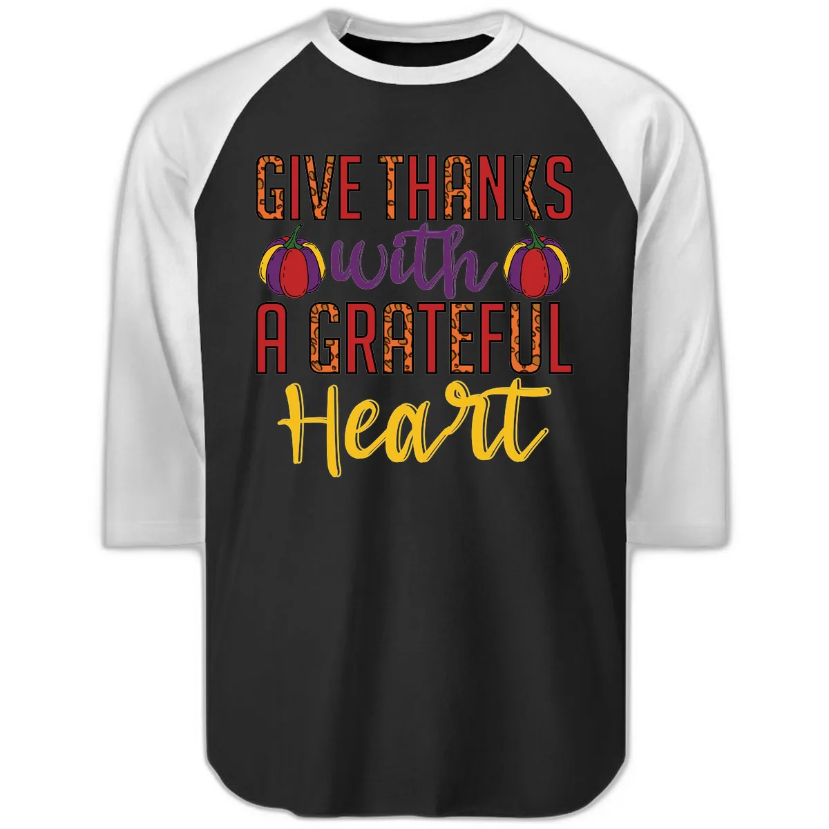 Give Thanks With A Heart Raglan 3/4 in Black White