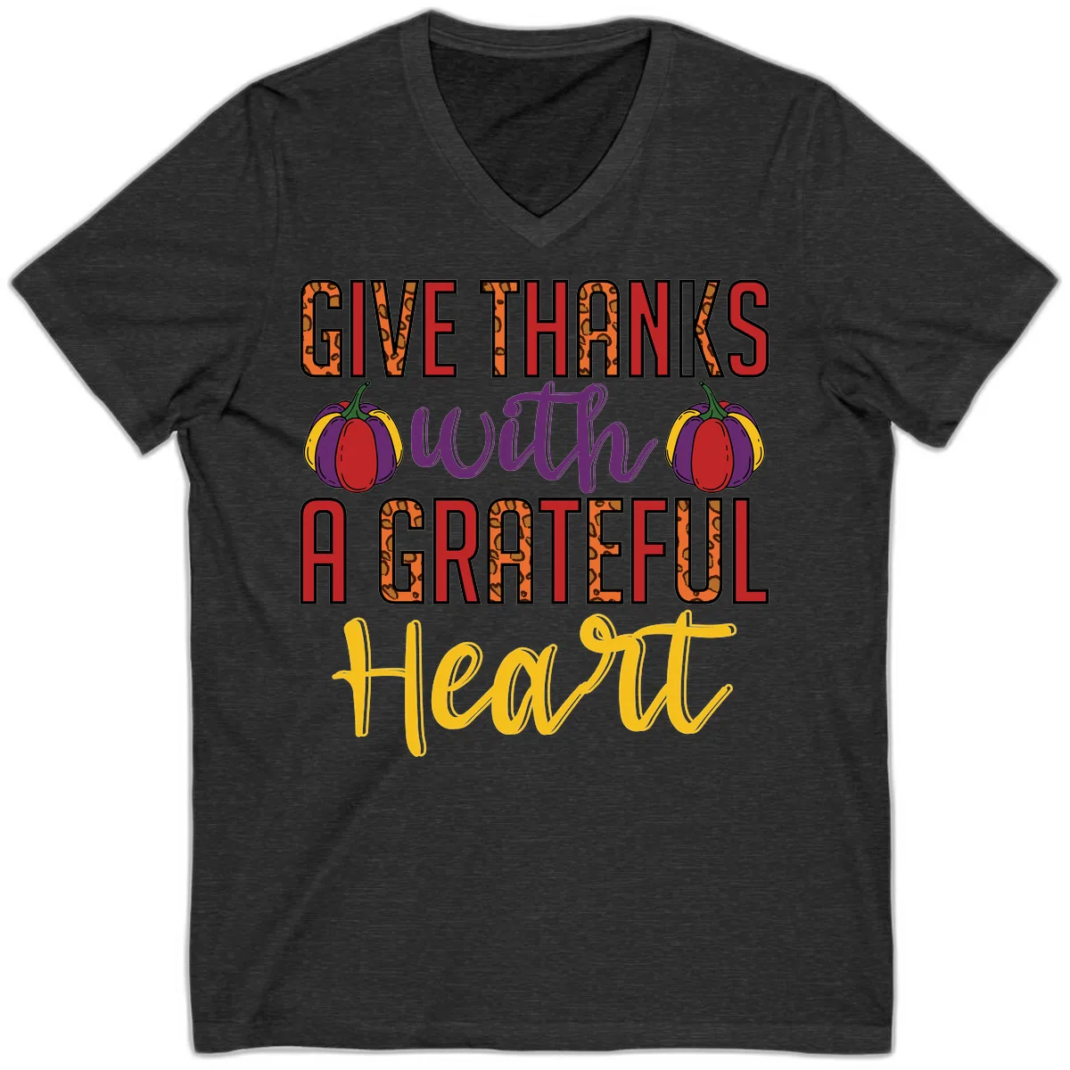 Give Thanks With A Heart V-Neck in Dark Grey Heather
