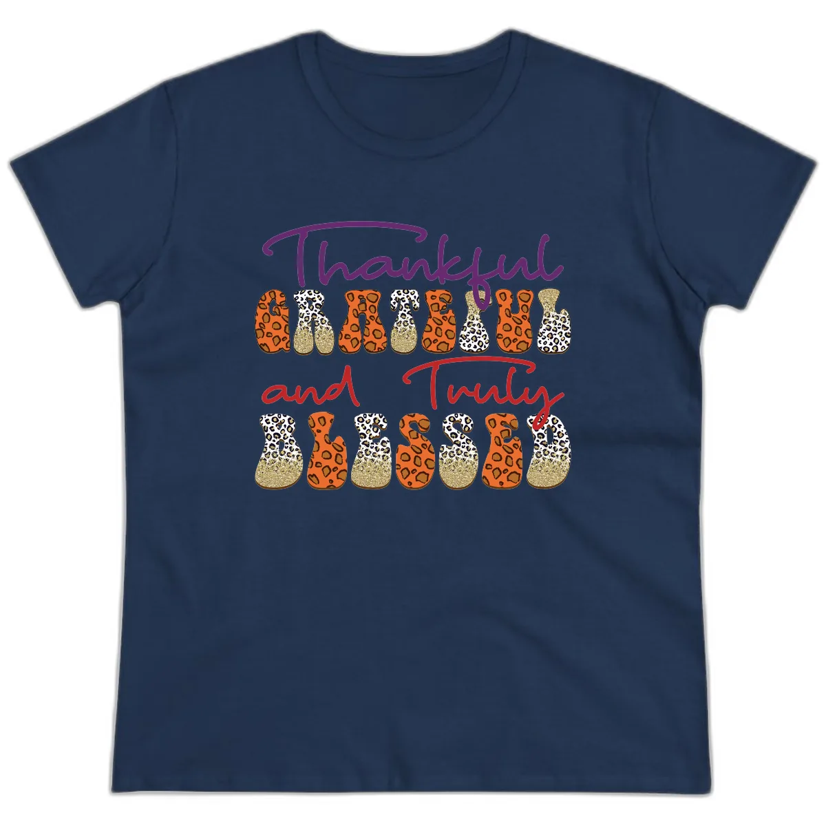 Thankful Grateful Truly Blessed Ladies Tee in Navy