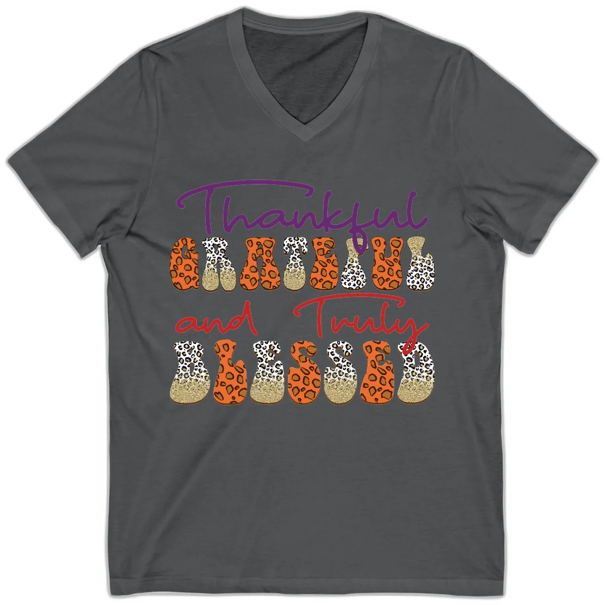 Thankful Grateful Truly Blessed V-Neck in Asphalt