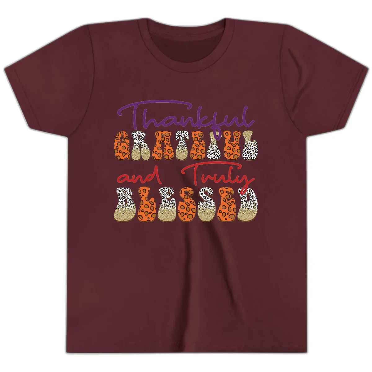 Thankful Grateful Truly Blessed Youth T-Shirt in Maroon