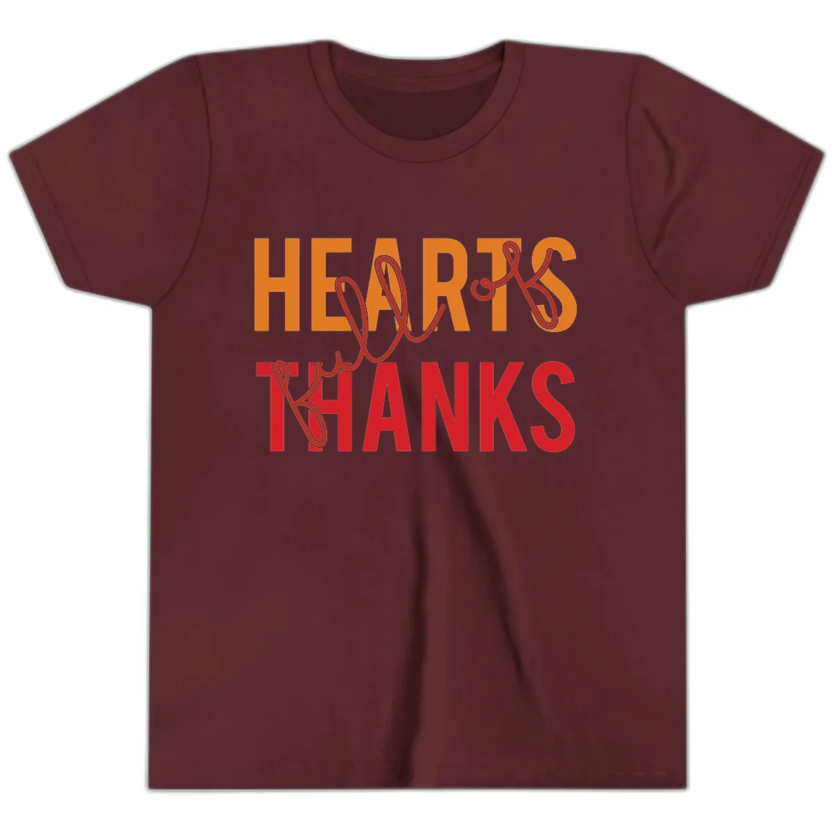 Hearts Full Of Thanks Typography Youth T-Shirt in Maroon
