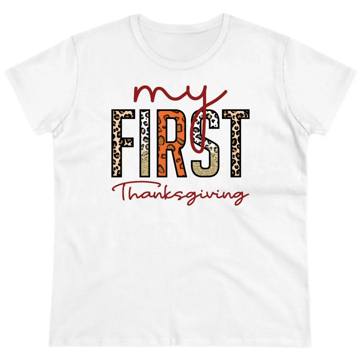My First Thanksgiving Leopard Print Ladies Tee in White