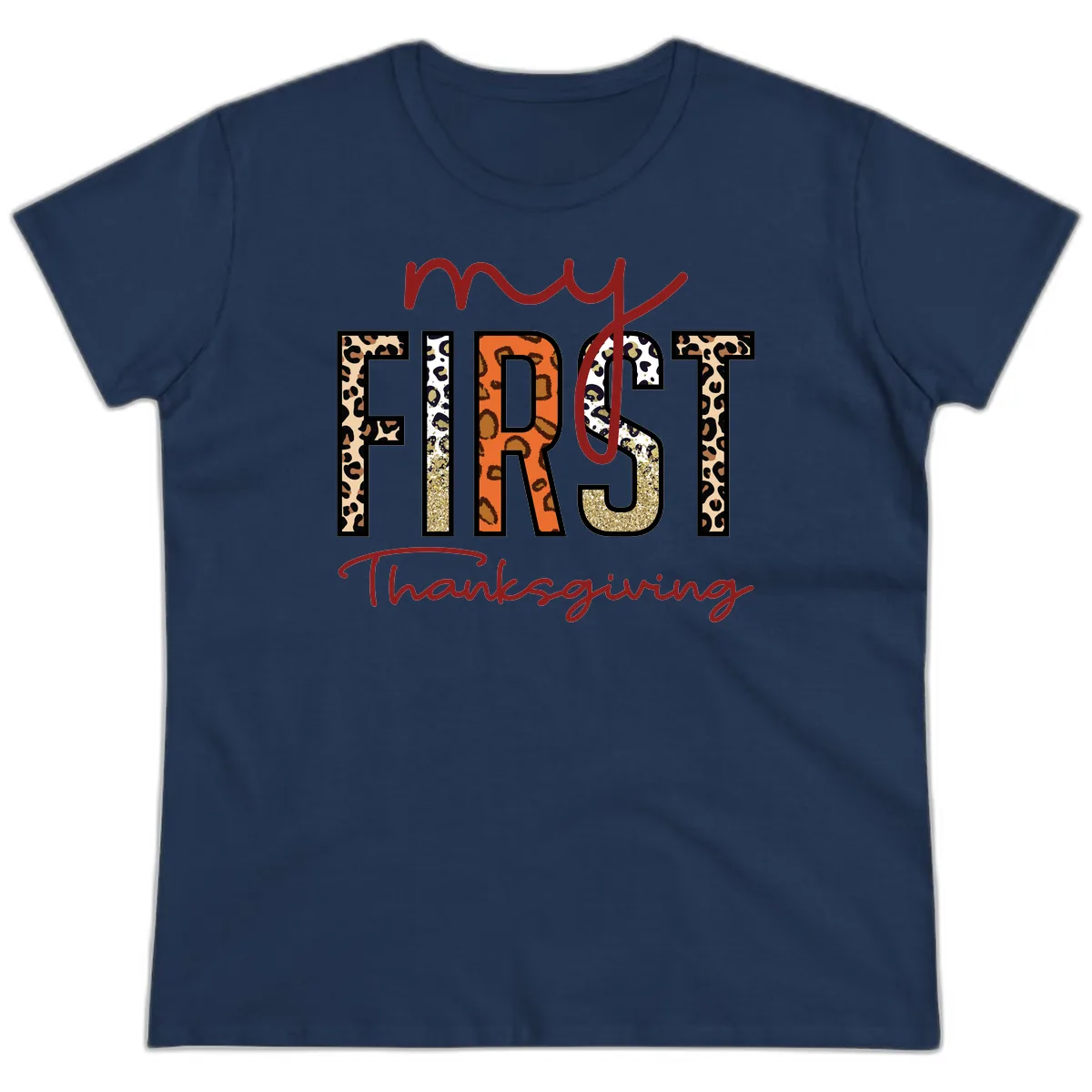 My First Thanksgiving Leopard Print Ladies Tee in Navy