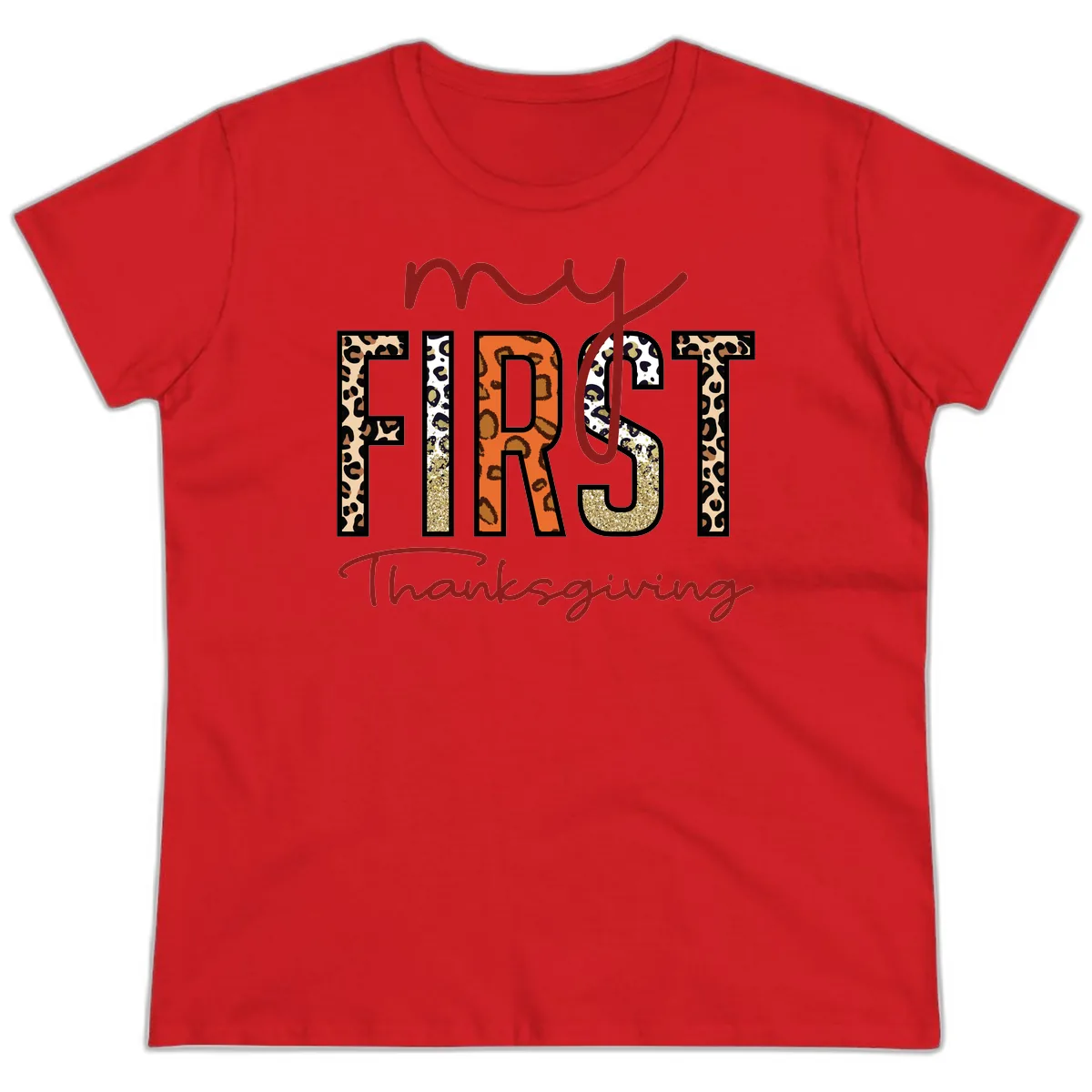 My First Thanksgiving Leopard Print Ladies Tee in Red