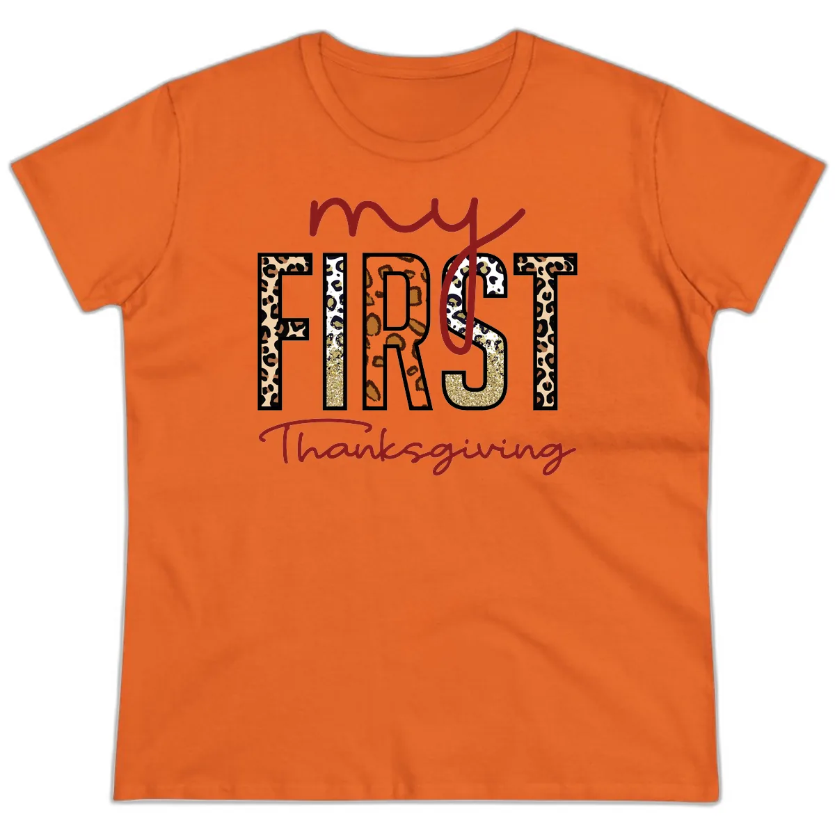 My First Thanksgiving Leopard Print Ladies Tee in Orange