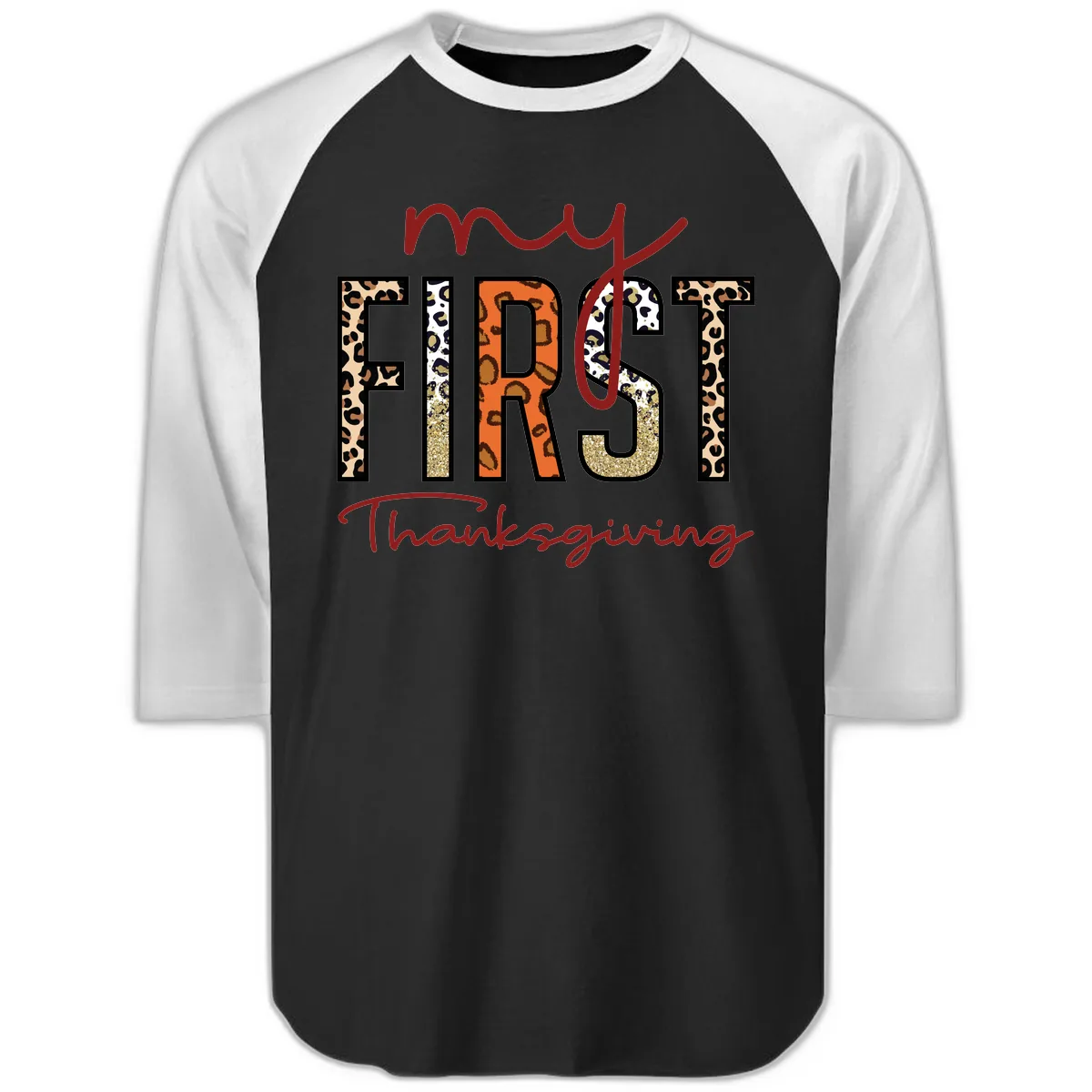 My First Thanksgiving Leopard Print Raglan 3/4 in Black White