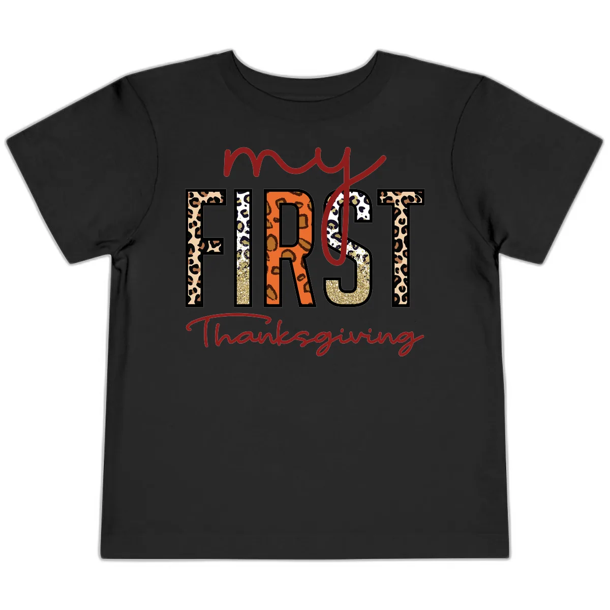 My First Thanksgiving Leopard Print Toddler T-Shirt in Black