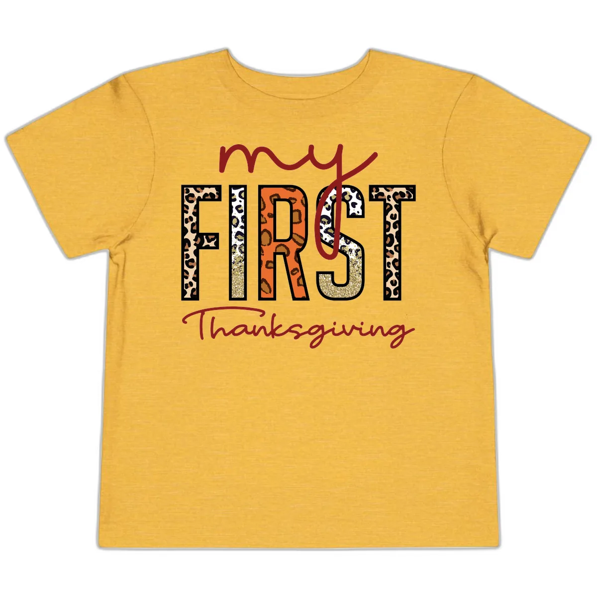 My First Thanksgiving Leopard Print Toddler T-Shirt in Heather Yellow Gold