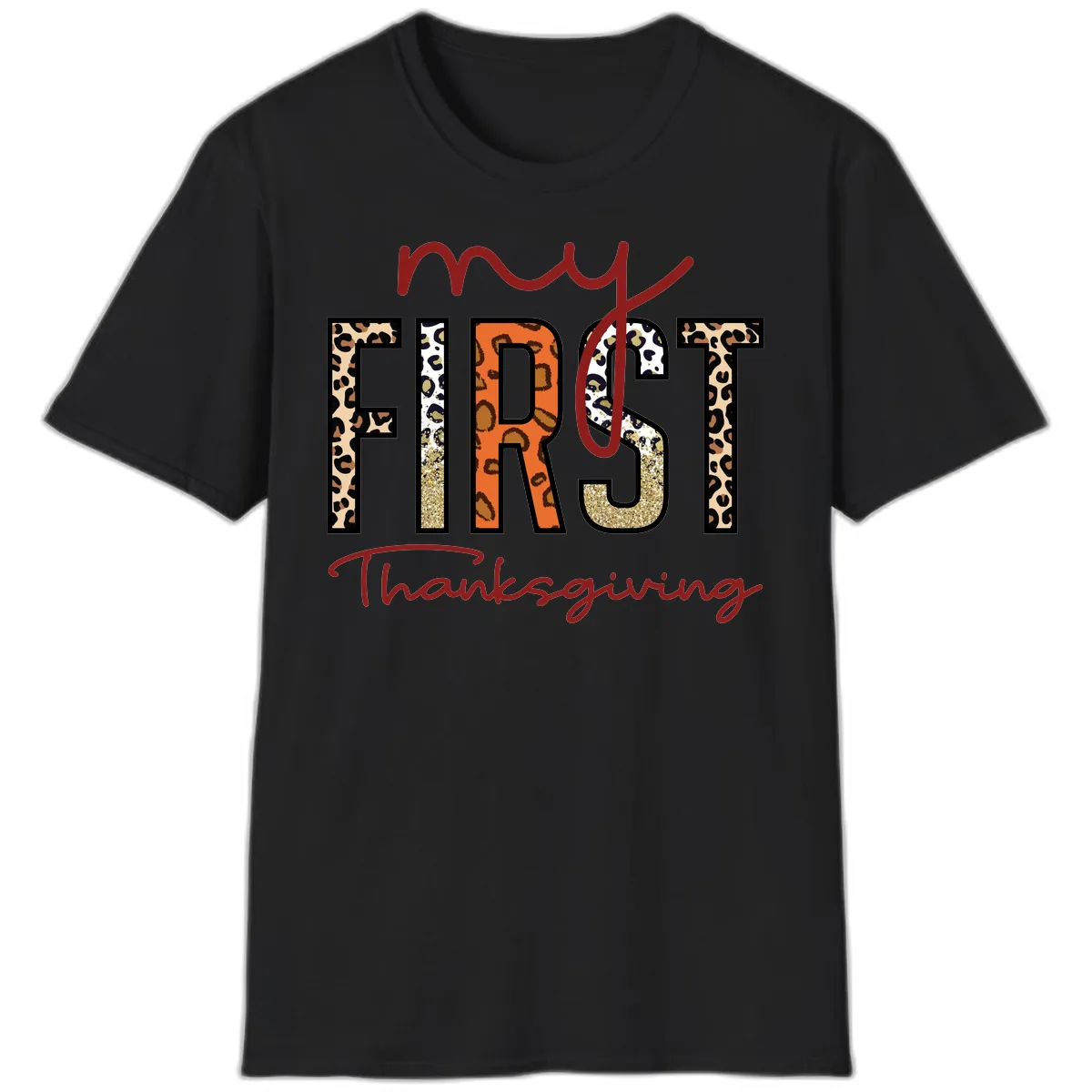 My First Thanksgiving Leopard Print T-Shirt in Black
