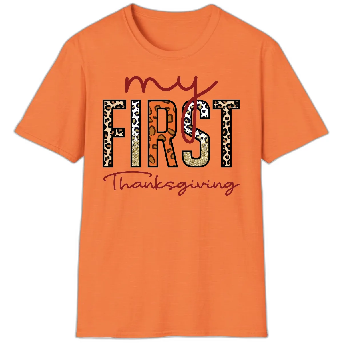 My First Thanksgiving Leopard Print T-Shirt in Heather Orange