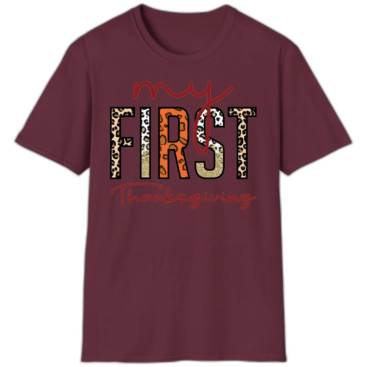My First Thanksgiving Leopard Print T-Shirt in Maroon