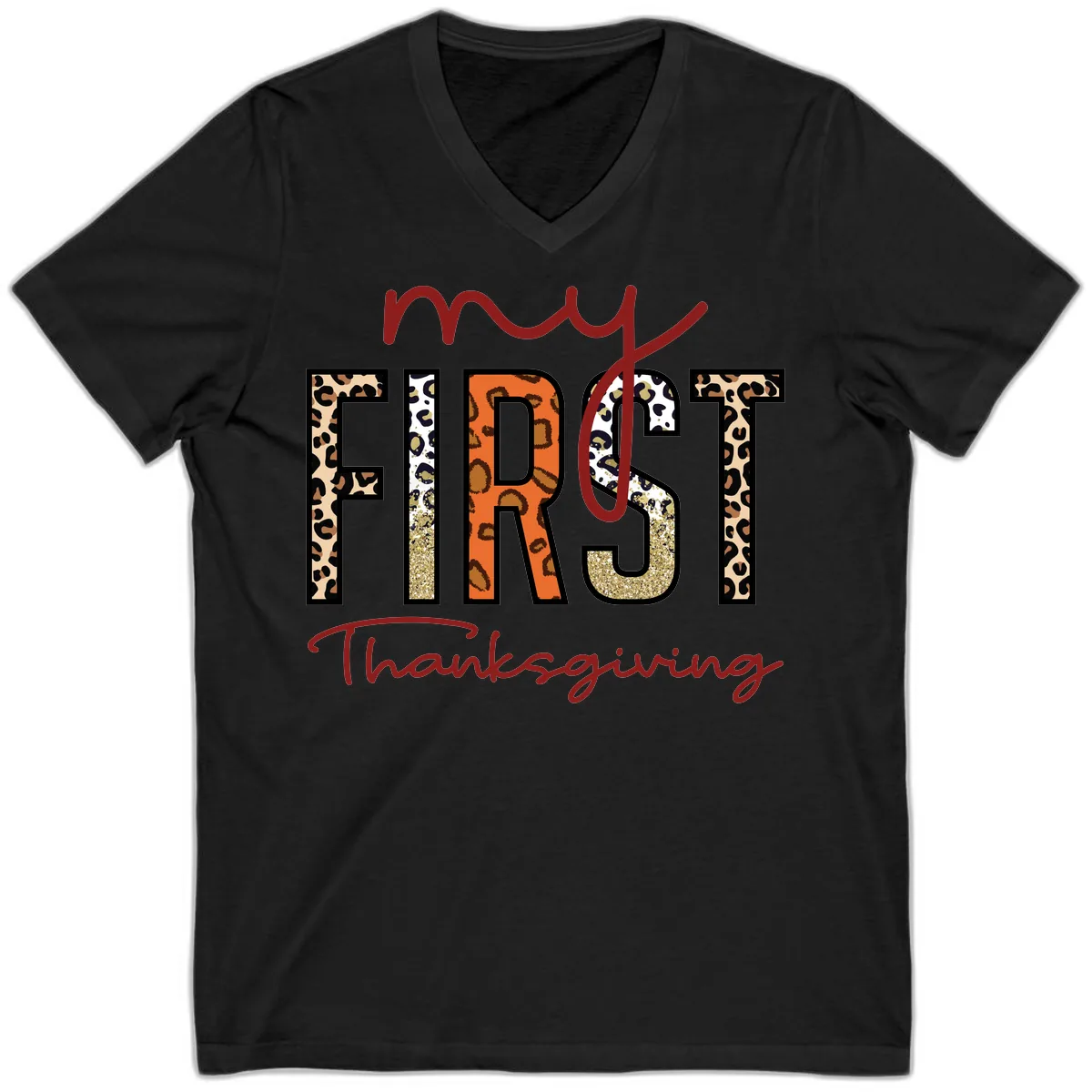 My First Thanksgiving Leopard Print V-Neck in Black