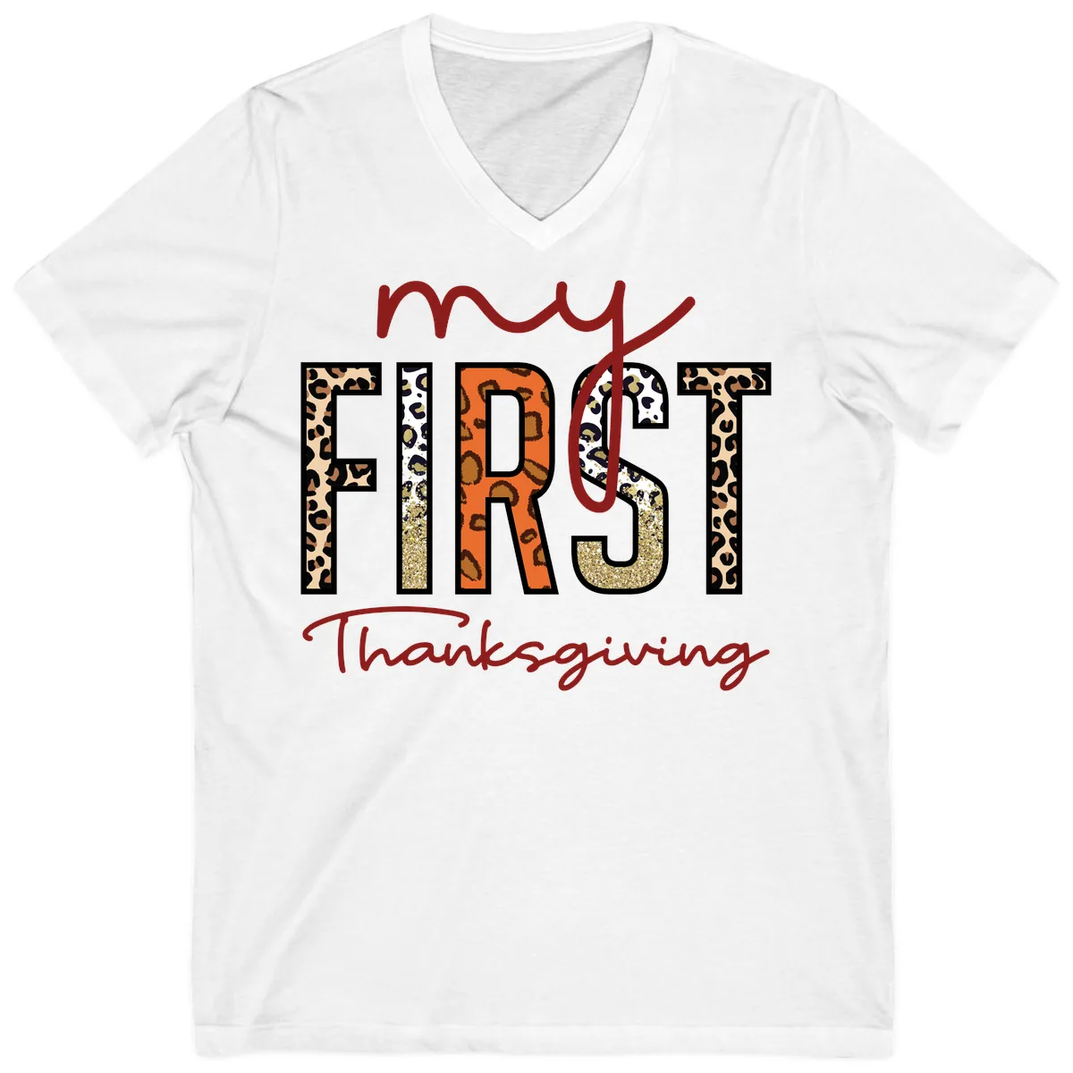 My First Thanksgiving Leopard Print V-Neck in White