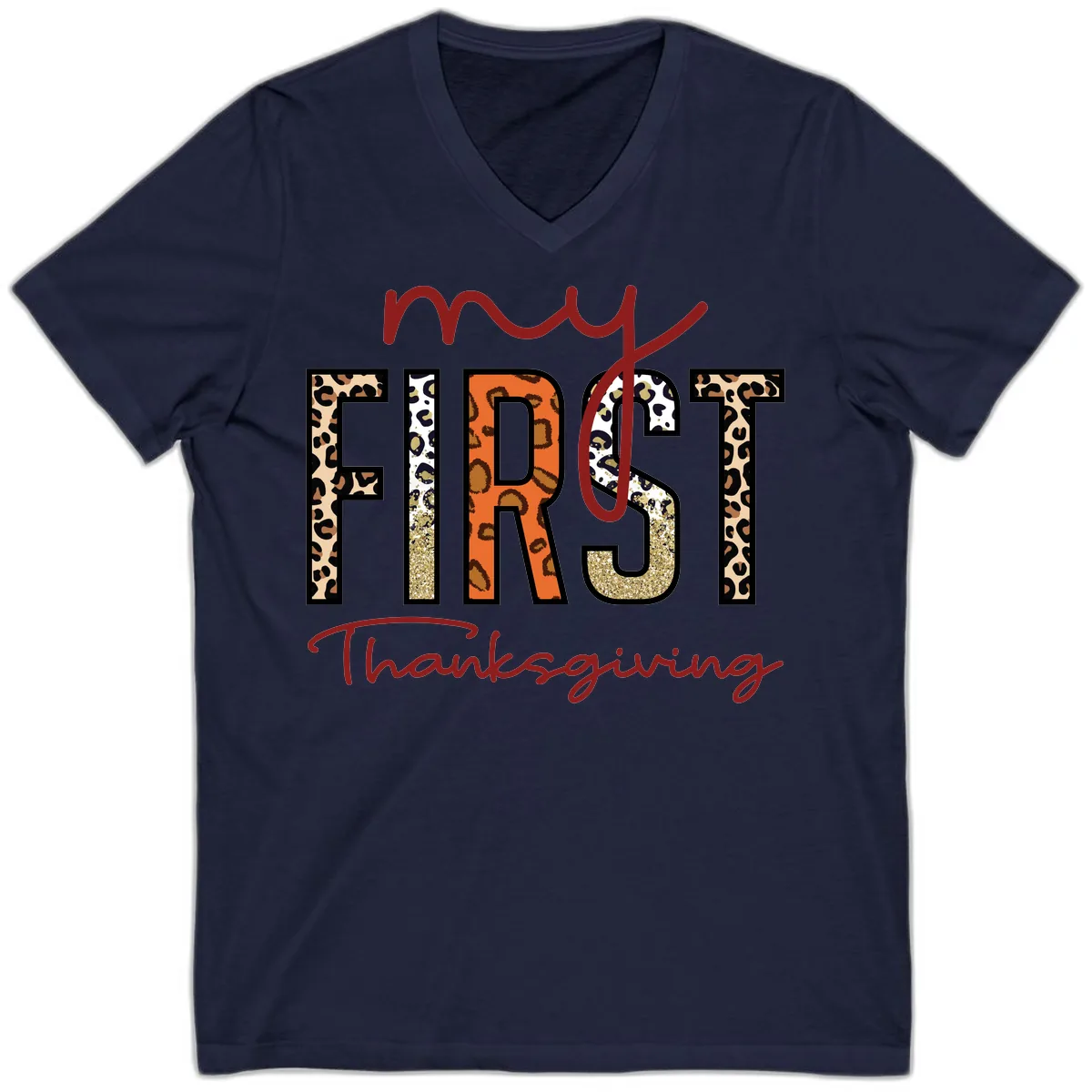 My First Thanksgiving Leopard Print V-Neck in Navy