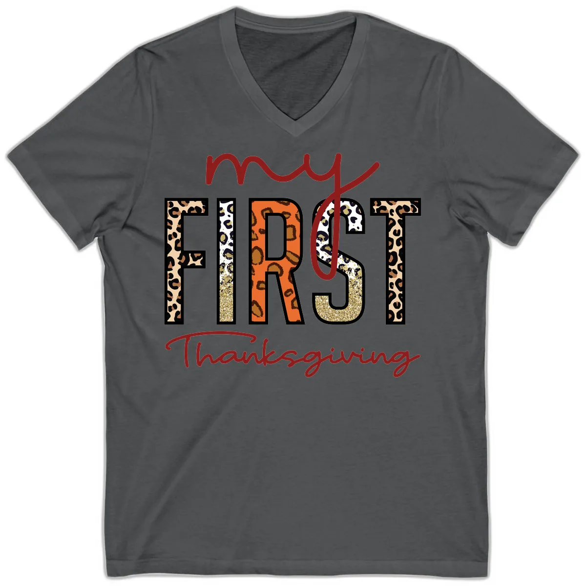 My First Thanksgiving Leopard Print V-Neck in Asphalt