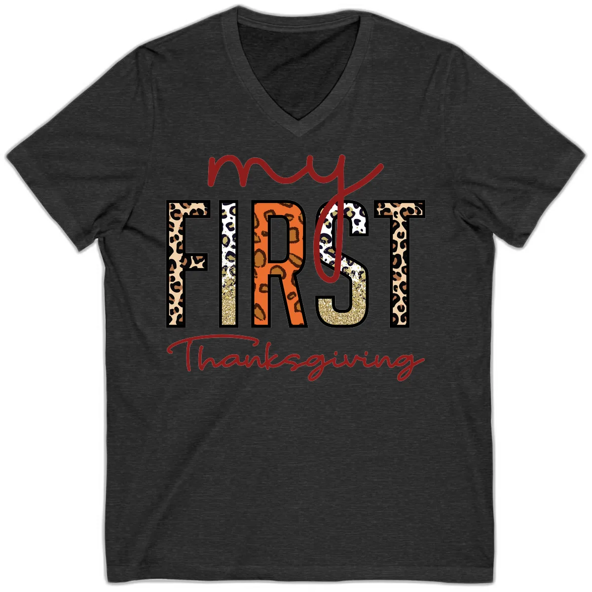 My First Thanksgiving Leopard Print V-Neck in Dark Grey Heather
