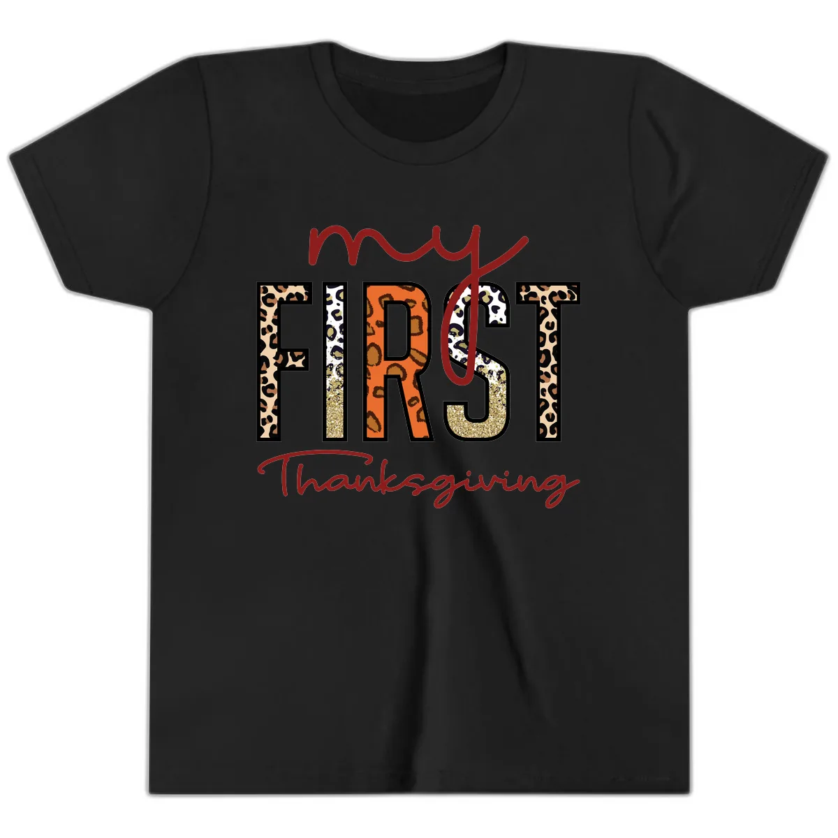 My First Thanksgiving Leopard Print Youth T-Shirt in Black