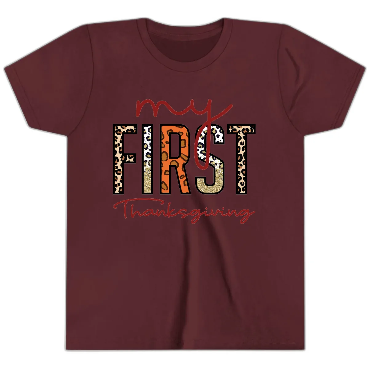 My First Thanksgiving Leopard Print Youth T-Shirt in Maroon