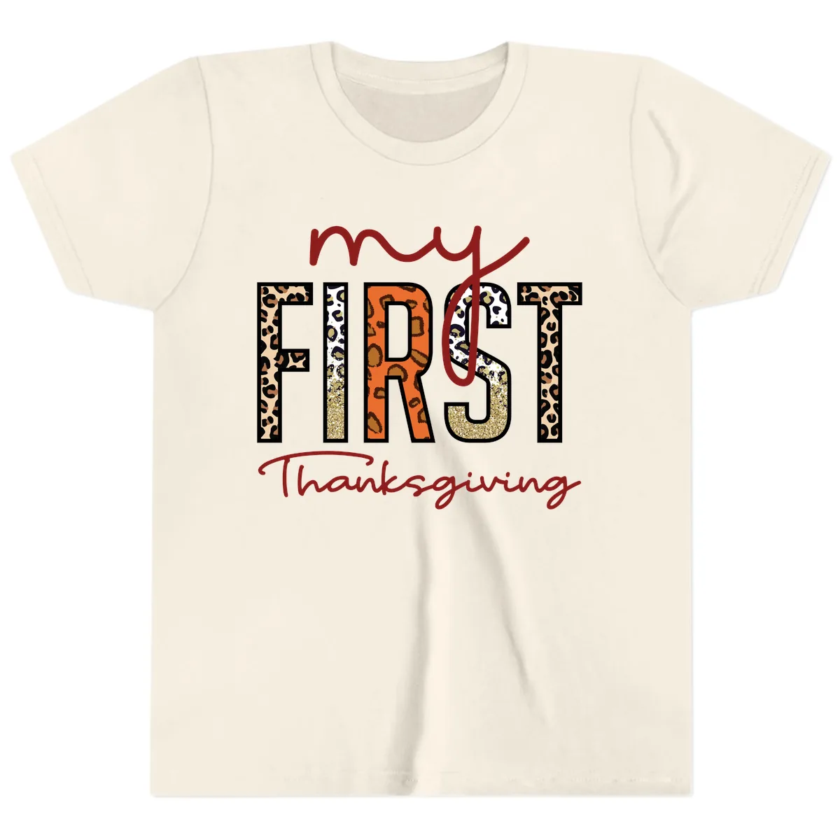My First Thanksgiving Leopard Print Youth T-Shirt in Natural