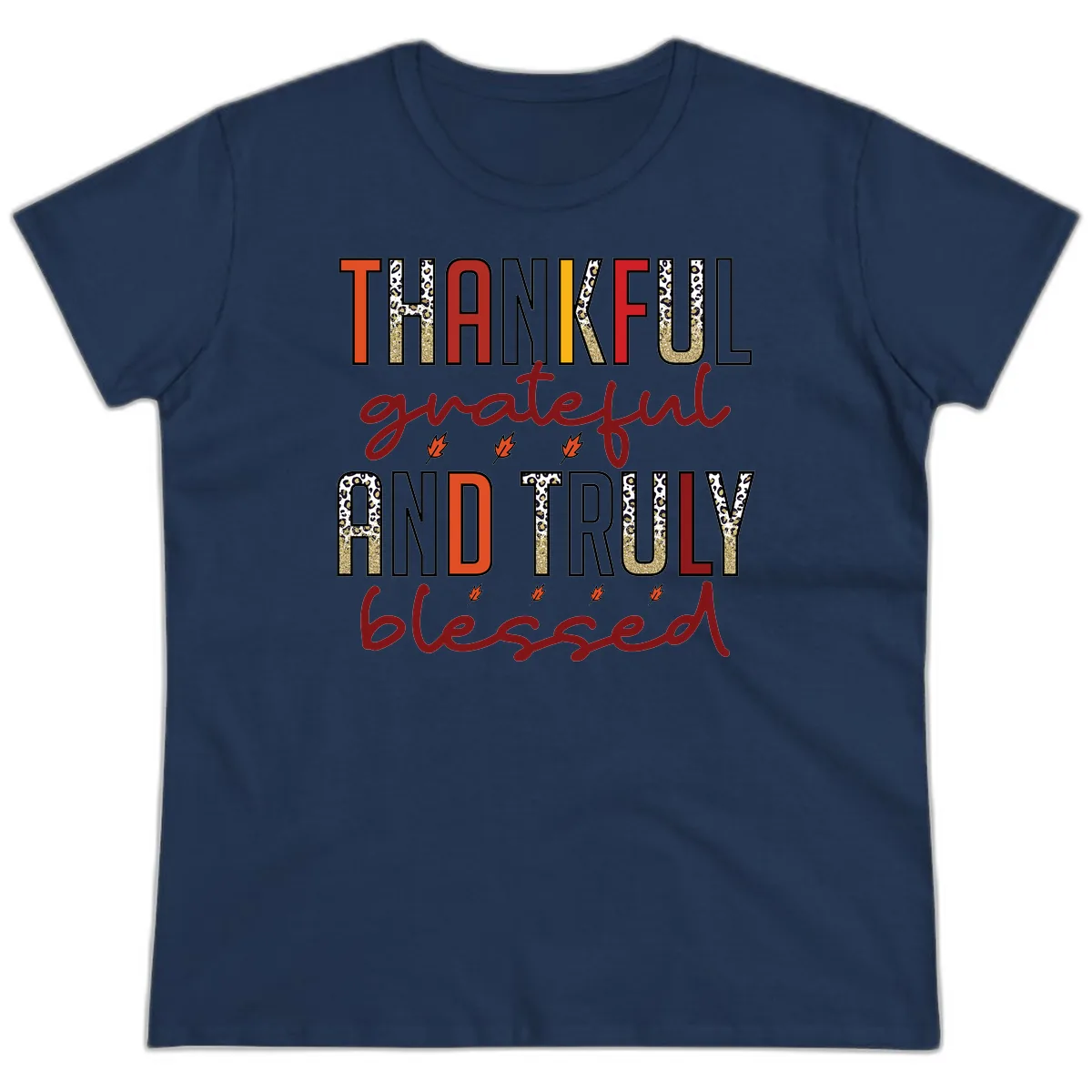 Grateful And Truly Blessed Typography Ladies Tee in Navy